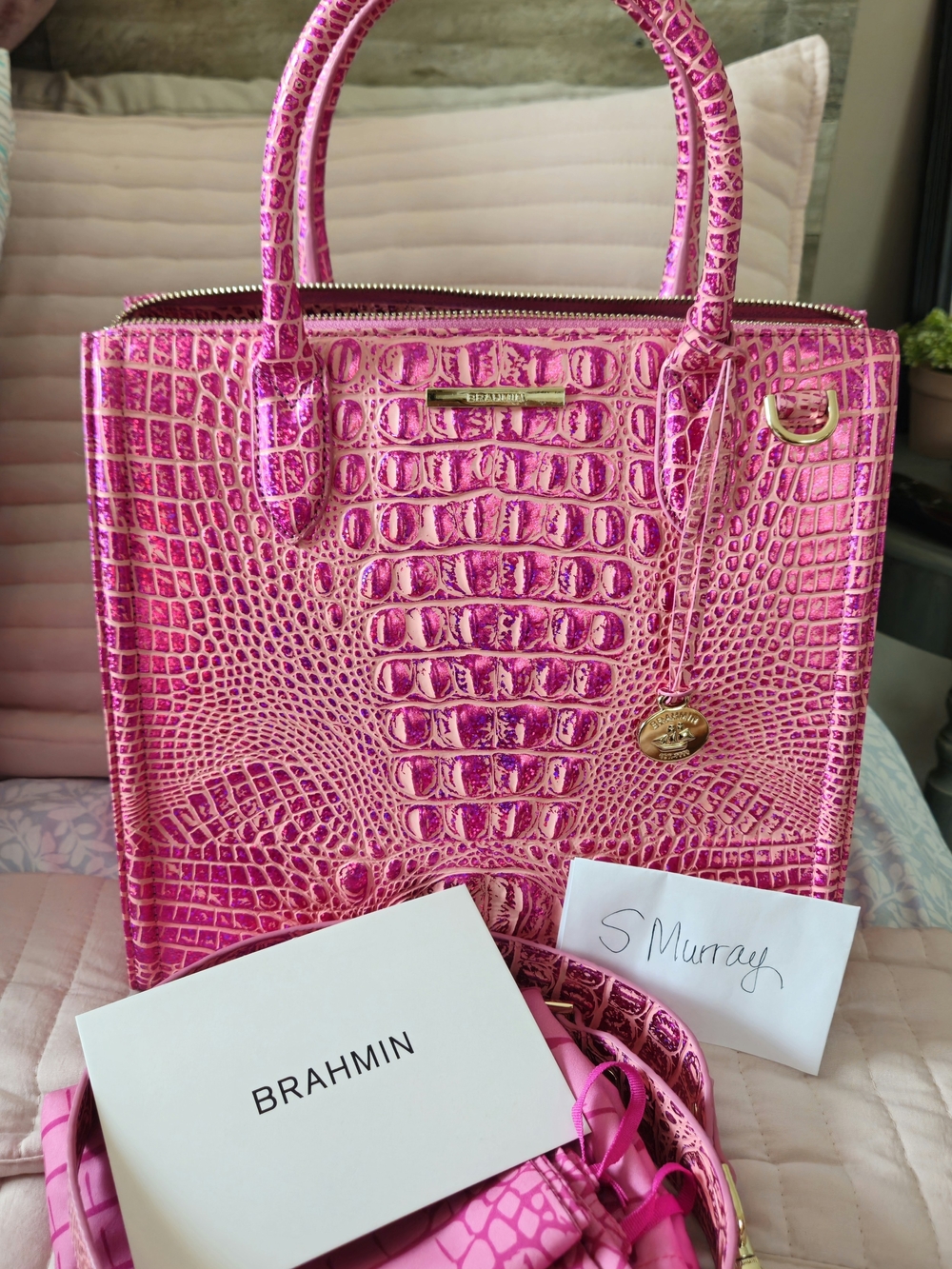 Brahmin Hot Pink Empower Caroline Iridescent Pink Satchel